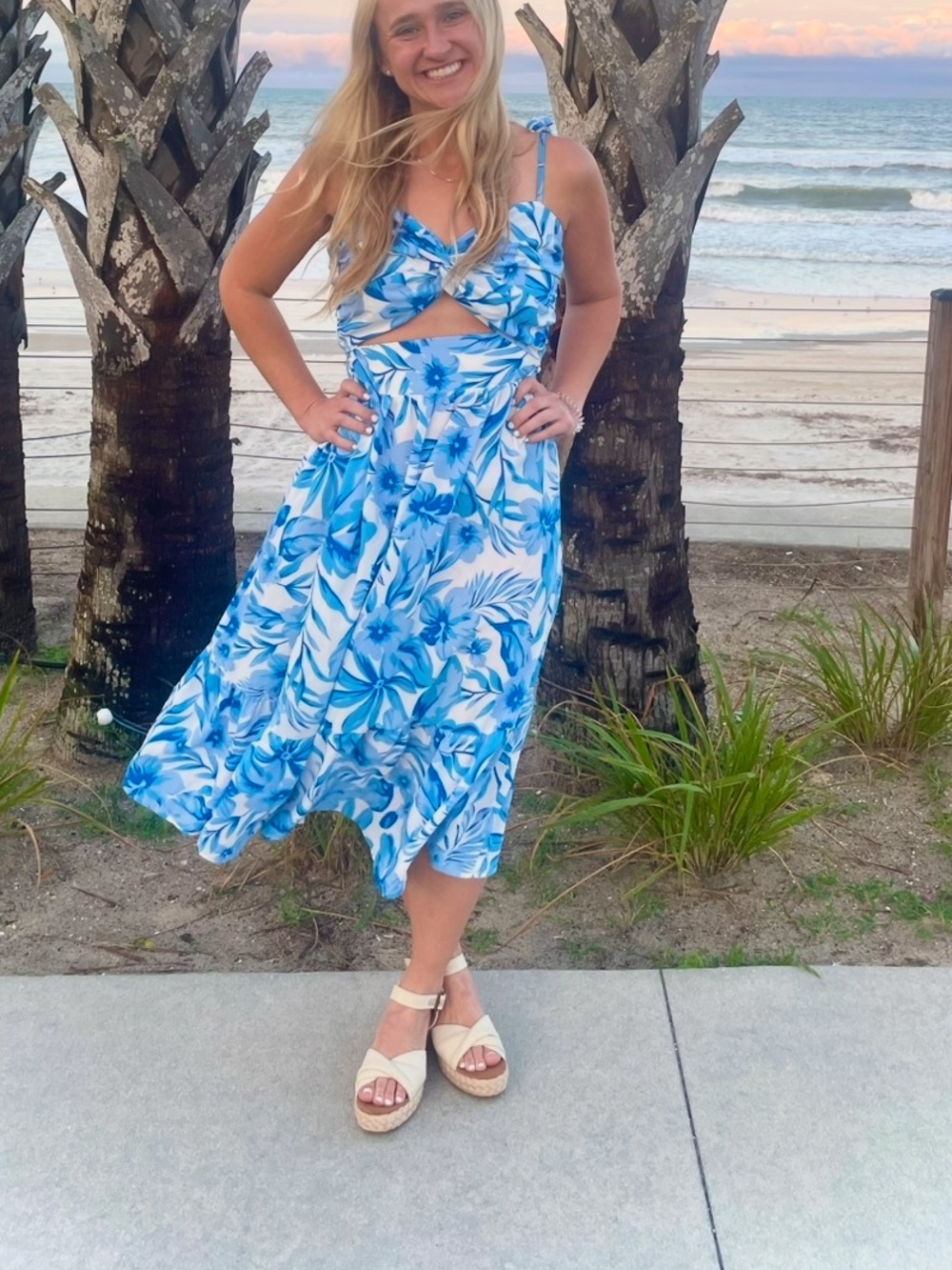 SHEIN Blue & White Floral Cutout Midi Dress